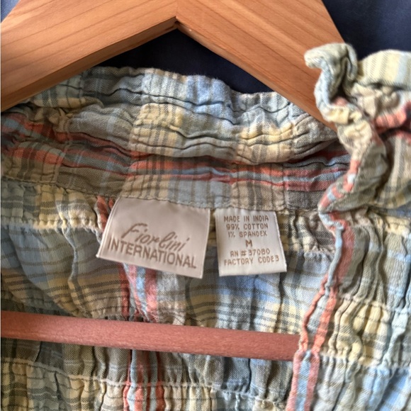 Plaid Lightweight Ruffled Button-Front Shirt - Pastel Multi - Picture 3 of 4